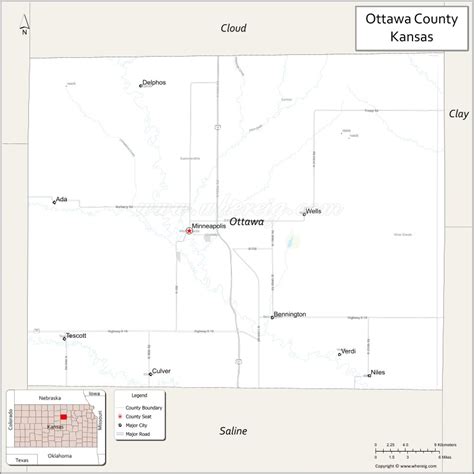 Map of Ottawa County, Kansas - Where is Located, Cities, Population, Highways & Facts