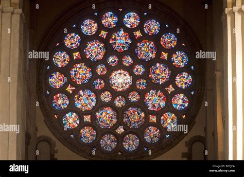 St Albans Cathedral interior north transept rose window modern stained glass Herfordshire ...