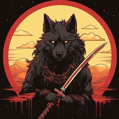 Premium AI Image | A black wolf with a scar holding a red katana with a ...