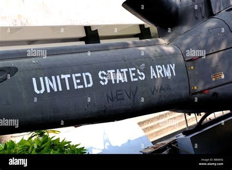 Cryptic graffiti on US Army Helicopter captured during Vietnam War. War Remnants Museum, Ho Chi ...