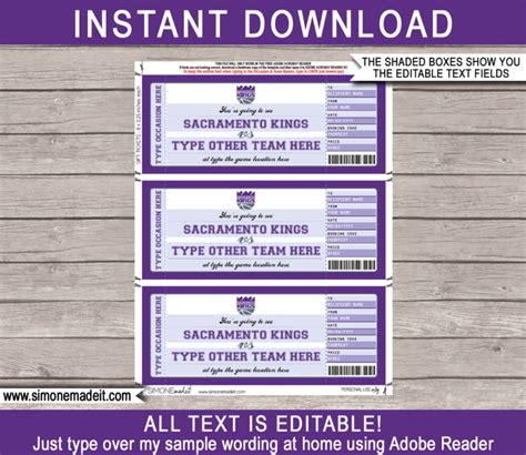 Sacramento Kings Game Ticket Gift Voucher | Printable Surprise NBA Basketball Tickets