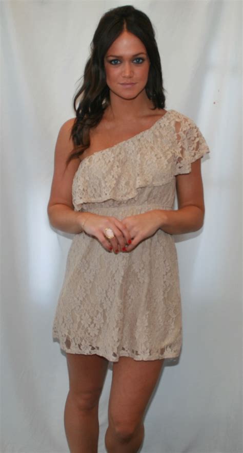 Tan, one shoulder lace dress | Dresses, Holiday dresses, Fashion