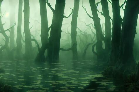 Night forest landscape with spooky trees and dark trunks in a forest ...