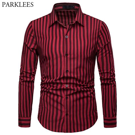 Fashion Red Striped Shirt Men 2019 Spring New Slim Fit Long Sleeve Dress Shirt Mens Business ...