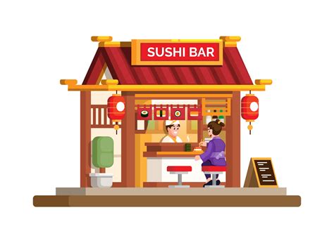 Sushi Bar Japanese traditional restaurant asian food symbol building flat cartoon illustration ...