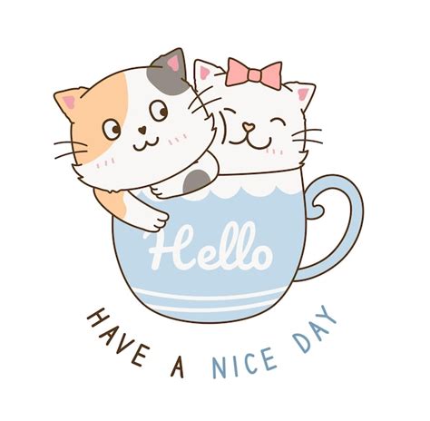 Premium Vector | Cute cat couple greeting in a cup of coffee simple hand drawn doodle cartoon ...