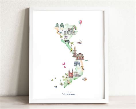 Vietnam Map Art Print Illustrated watercolor decor country | Etsy