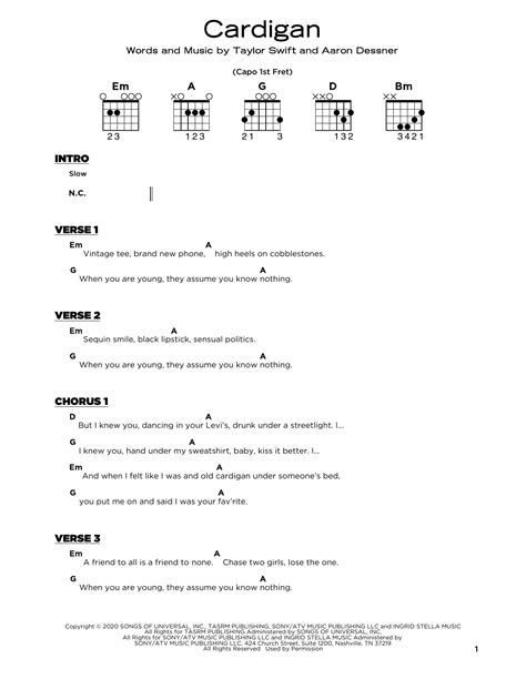 cardigan by Taylor Swift Sheet Music for Really Easy Guitar at Sheet Music Direct