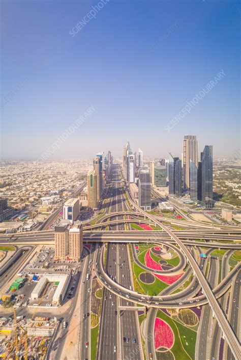 Aerial view of skyscrapers and roads, Dubai, UAE - Stock Image - F039/0406 - Science Photo Library