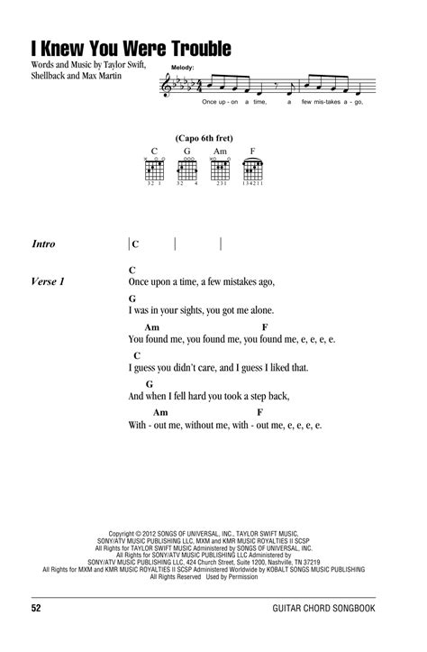 I Knew You Were Trouble by Taylor Swift Sheet Music for Guitar Chords/Lyrics at Sheet Music Direct