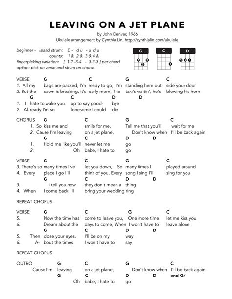 LEAVING ON A JET PLANE - Ukulele Chord Chart