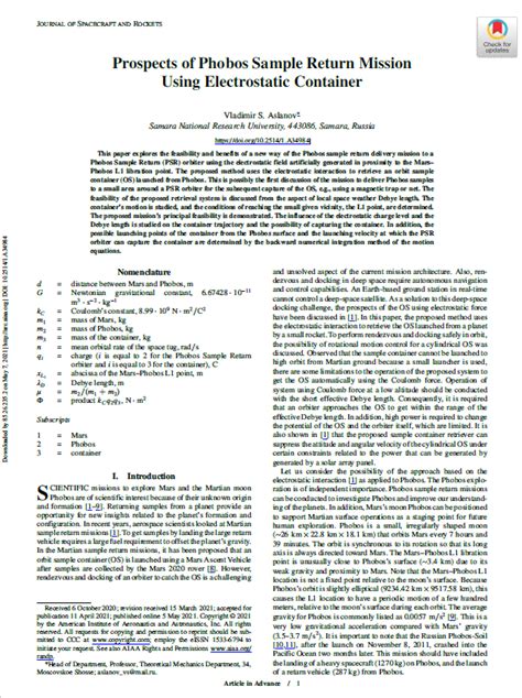 (PDF) Prospects of Phobos Sample Return Mission Using Electrostatic Container