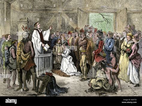 Pocahontas marriage to John Rolfe in Jamestown Virginia Colony. Hand ...