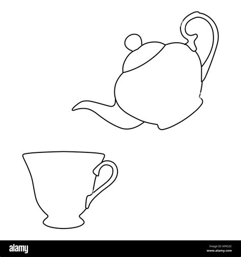 Vector illustration outline drawing of teapot and cup of tea icon ...