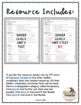 Sadlier-Oxford Vocabulary Workshop Level D Unit 3 Test with Answer Key