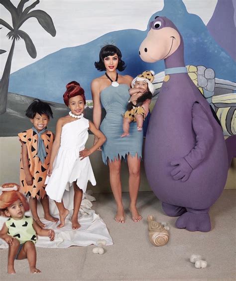 Kim Kardashian, Kanye West, Kids' Flintstone Family Halloween Costumes