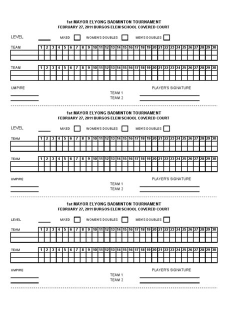 Badminton Games Rules And Scoring Sheet