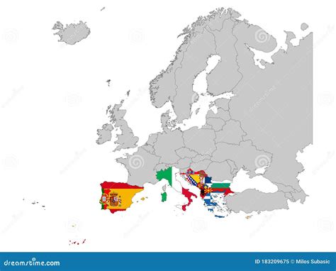 Map of South Europe Countries with National Flag on Gray Map of Europe Stock Vector ...