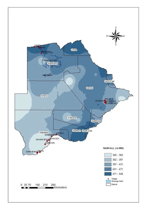 Map of Botswana showing rainfall amounts and sampling sites | Download ...