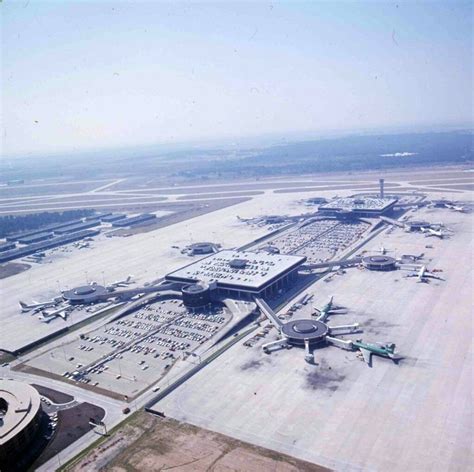 An aerial shot of Houston Intercontinental Airport Terminal B with Braniff International in 1971 ...