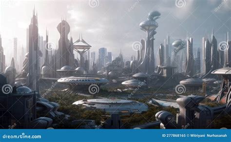 Future City Skyline Panorama Scene. Futuristic City. Future City on the ...