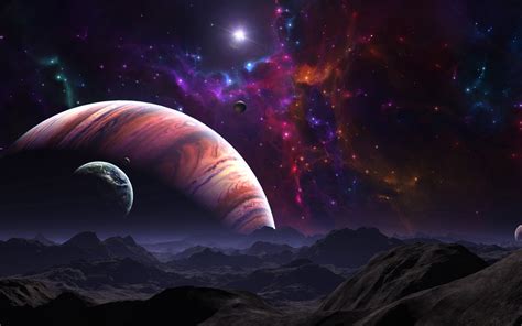 Photo of three planets, galaxy, and mountains illustration, landscape, planet, science fiction ...