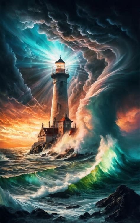 A painting of a lighthouse in the middle of the by innza on DeviantArt