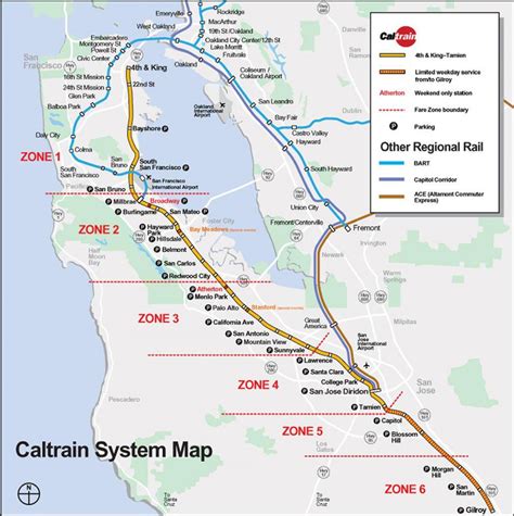 Caltrain system map - Caltrain route map (California - USA)