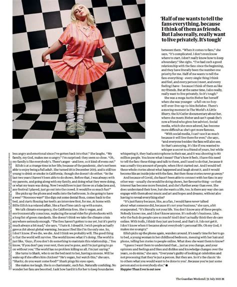 BILLIE EILISH in The Guardian Weekend Magazine, July 2021 – HawtCelebs