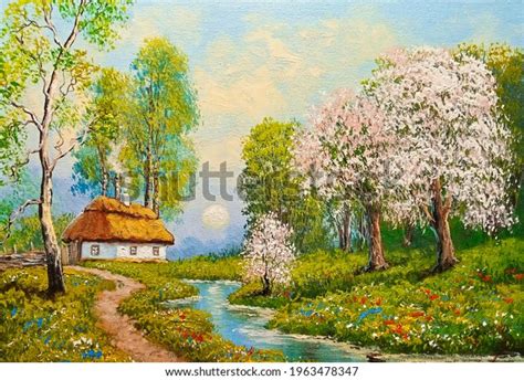 Oil Paintings Rural Landscape Old Village Stock Illustration 1963478347 ...