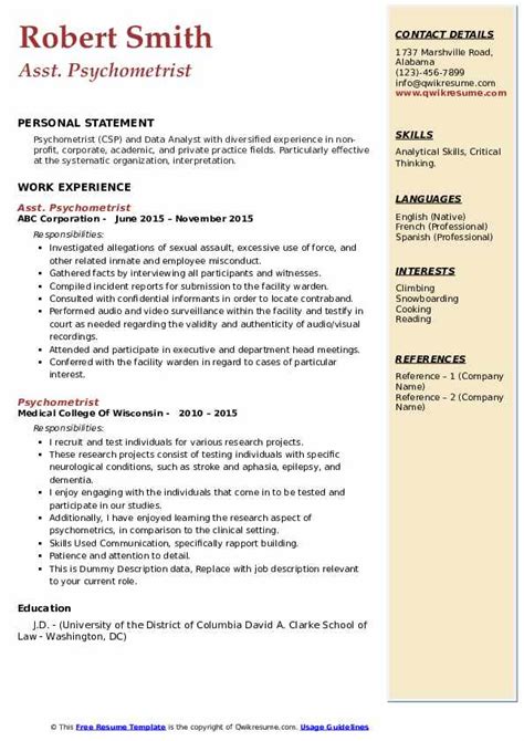 Psychometrist Resume Samples | QwikResume