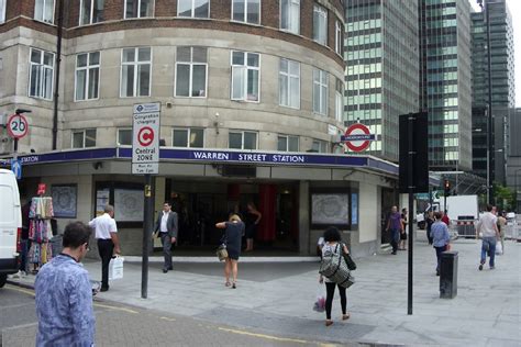 Warren Street station on Tottenham Court Road in London, near junction with Euston Road