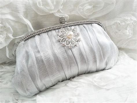 Silver Satin Rhinestone Pearl Bridal Clutch - Crystal Rhinestones Pearl Brooch Wedding Clutch ...