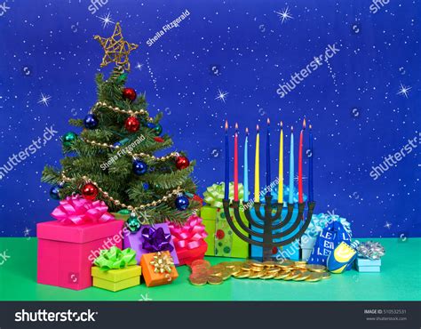 Christmas Tree Presents Next Hanukkah Menorah Stock Photo (Edit Now ...