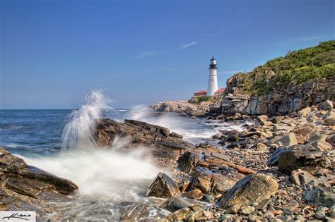 Wave Crashing Portland Maine Lighthouse | HDR Photography by Captain Kimo