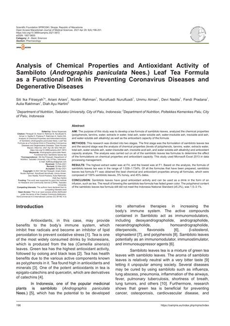 (PDF) Analysis of Chemical Properties and Antioxidant Activity of Sambiloto (Andrographis ...