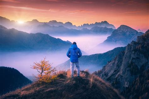 Man on the Mountain Peak Looking on Mountain Valley Stock Photo - Image ...