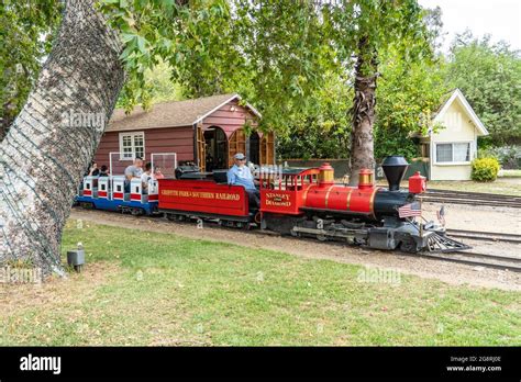 Train ride on miniature train at Travel Town Railroad and museum in Griffith Park, CA Stock ...