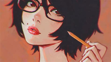 Wallpaper : face, drawing, illustration, anime, glasses, red, cartoon ...