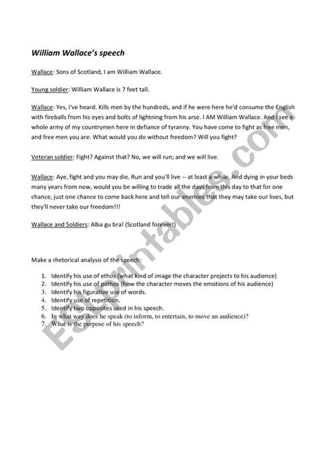 Work sheet - Speech by William Wallace - Braveheart - ESL worksheet by ...