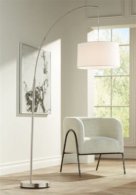 360 Lighting Cora Modern Arc Floor Lamp Standing 72" Tall Brushed Nickel Metal White Linen Drum ...