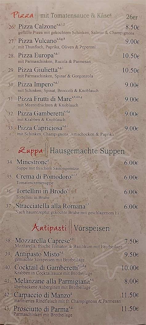 Menu at Trattoria La Romana restaurant, Paderborn