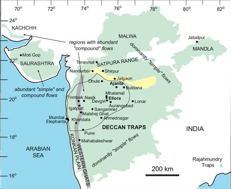 Sketch-map of the Deccan Traps (green), showing its various geographic ...