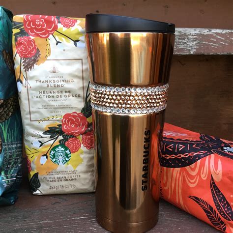 Stainless Starbucks Coffee Cup Tumbler w/ Swarovski Rose Gold Crystal 16 oz Grande Hot Tea Drink ...