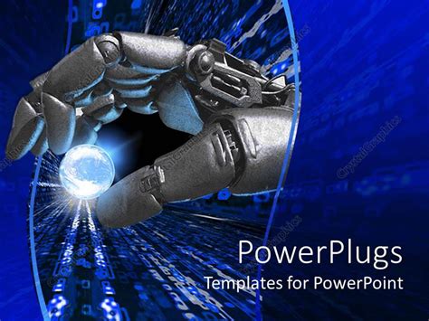 PowerPoint Template: silver robot hand holding a glowing Earth planet representation between ...