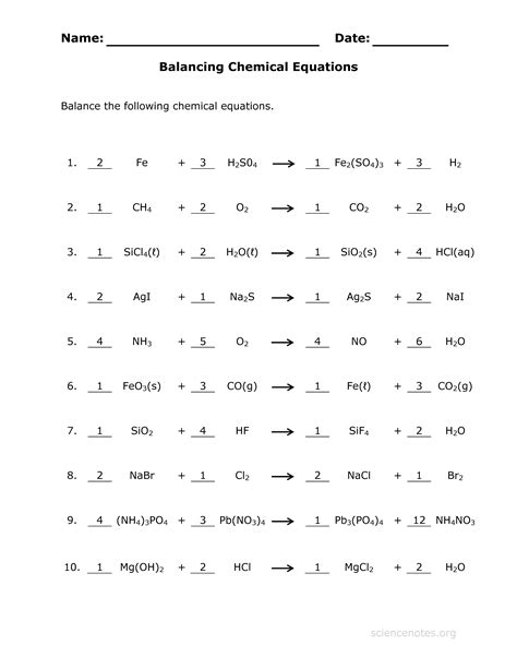 Balancing Chemical Equations Worksheet