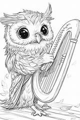 Owl Playing Harp Coloring Page For Kids Stock Illustration  sketch template