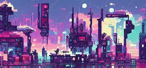 Cyberpunk city night. Retro futuristic pixel art composition. Future cityscape in a style of 80 ...