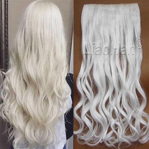 Women Hair Extensions White Color 60cm Long Synthetic Hairs Clips in ...