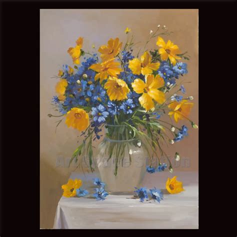 Blue Yello Wild Daisy Oil Painting on Canvas Modern Floral Vase Picture Large Flowers Canvas ...